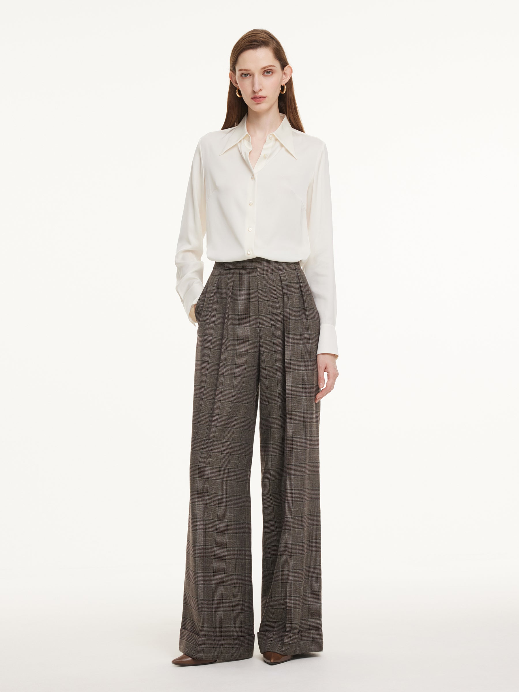 Brown Plaid Straight Leg Women Pants GOELIA