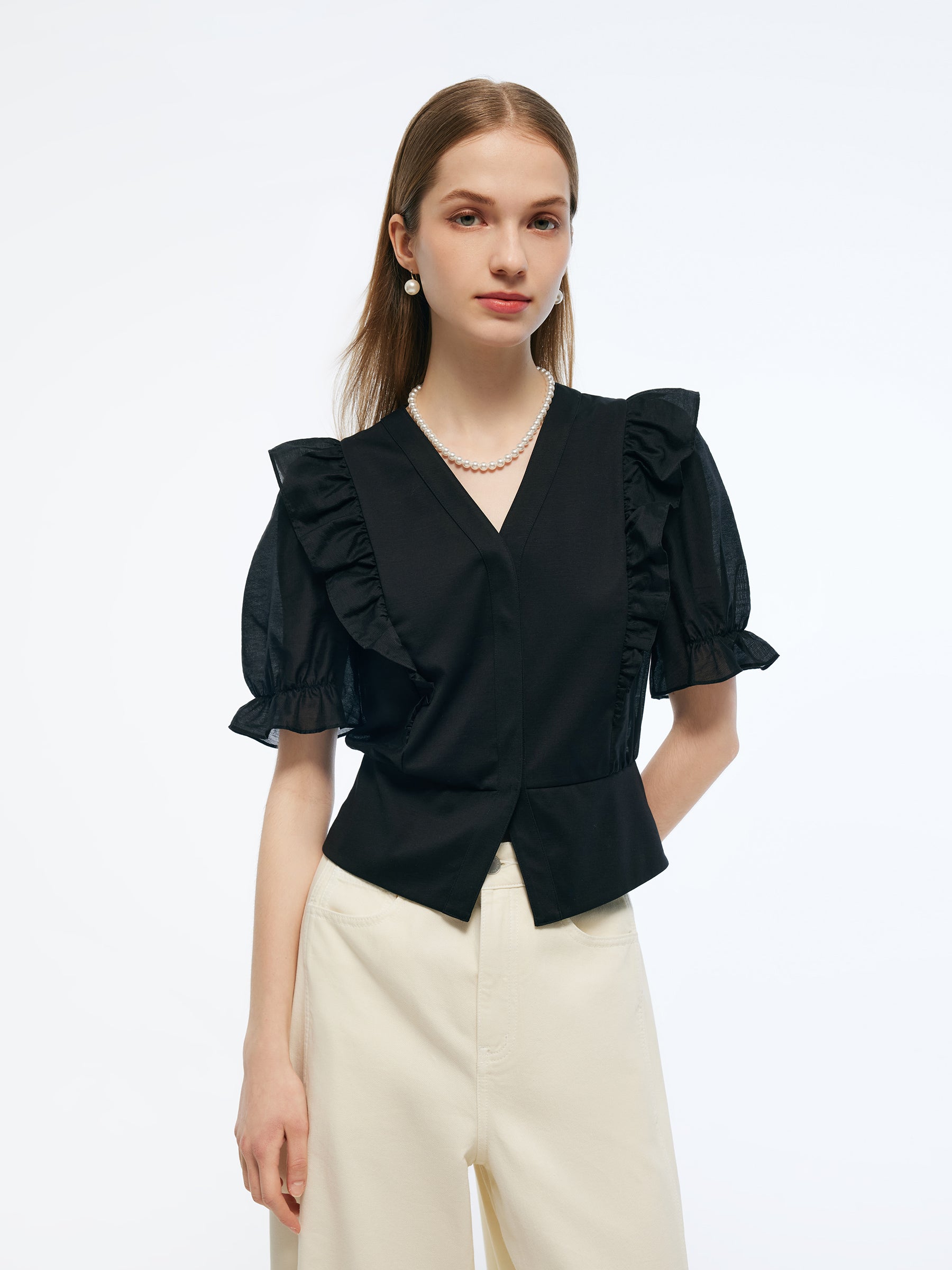Tencel Blend Puff Sleeve Women Ruffe Patchwork Top GOELIA