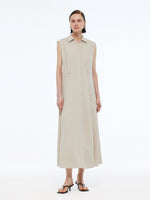 100% Linen Women Vest Maxi Shirt Dress With Belt GOELIA