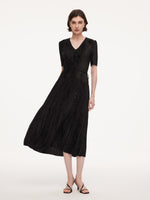 Satin Jacquard Women Pleated Maxi Dress With Self-Tie Belt GOELIA