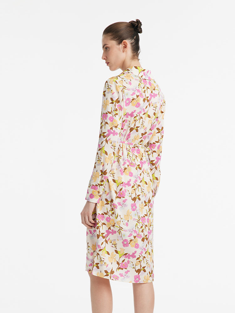 19 Momme Mulberry Silk Floral Printed Women Midi Dress With Belt GOELIA