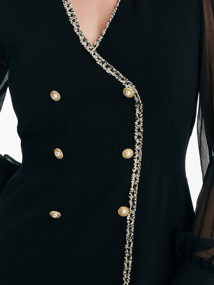 Tulle Sleeve V-Neck Double-Breasted Mini Dress GOELIA