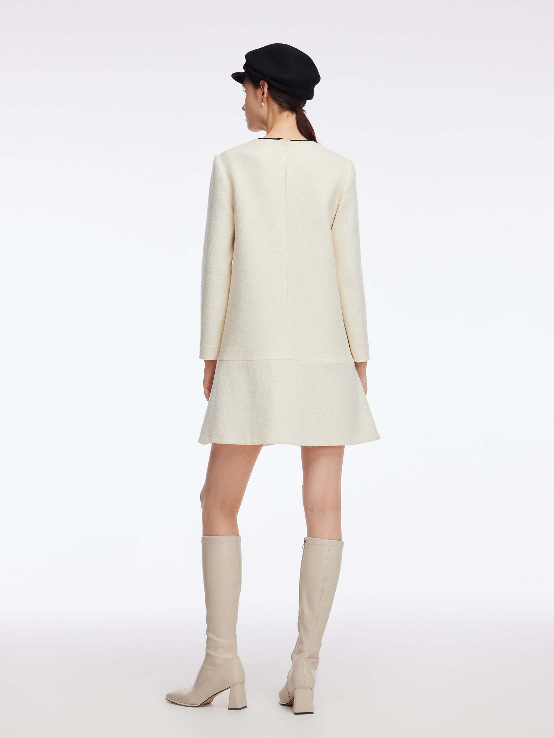 100% Wool Contrast Trim Neck A-Line Women Mini Dress, Off White / XL 100% Wool Contrast Trim Neck A-Line Women Mini Dress, Off White / XL