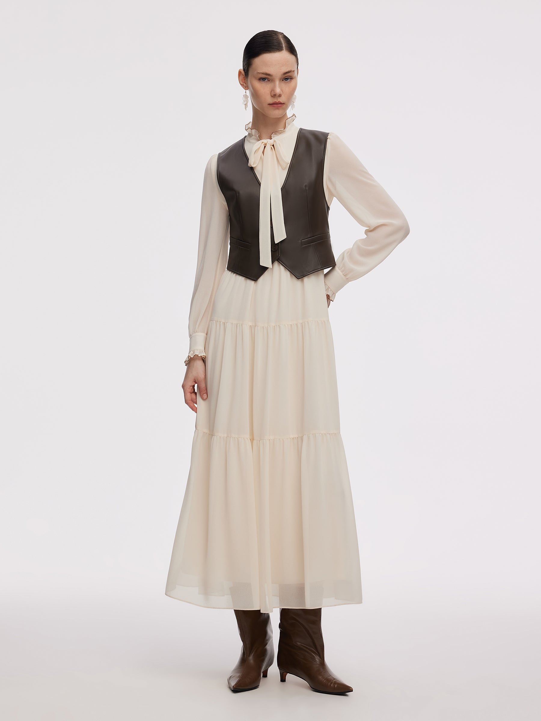 Chiffon Tie Front Maxi Dress And PU Leather Vest Two-Piece Set GOELIA