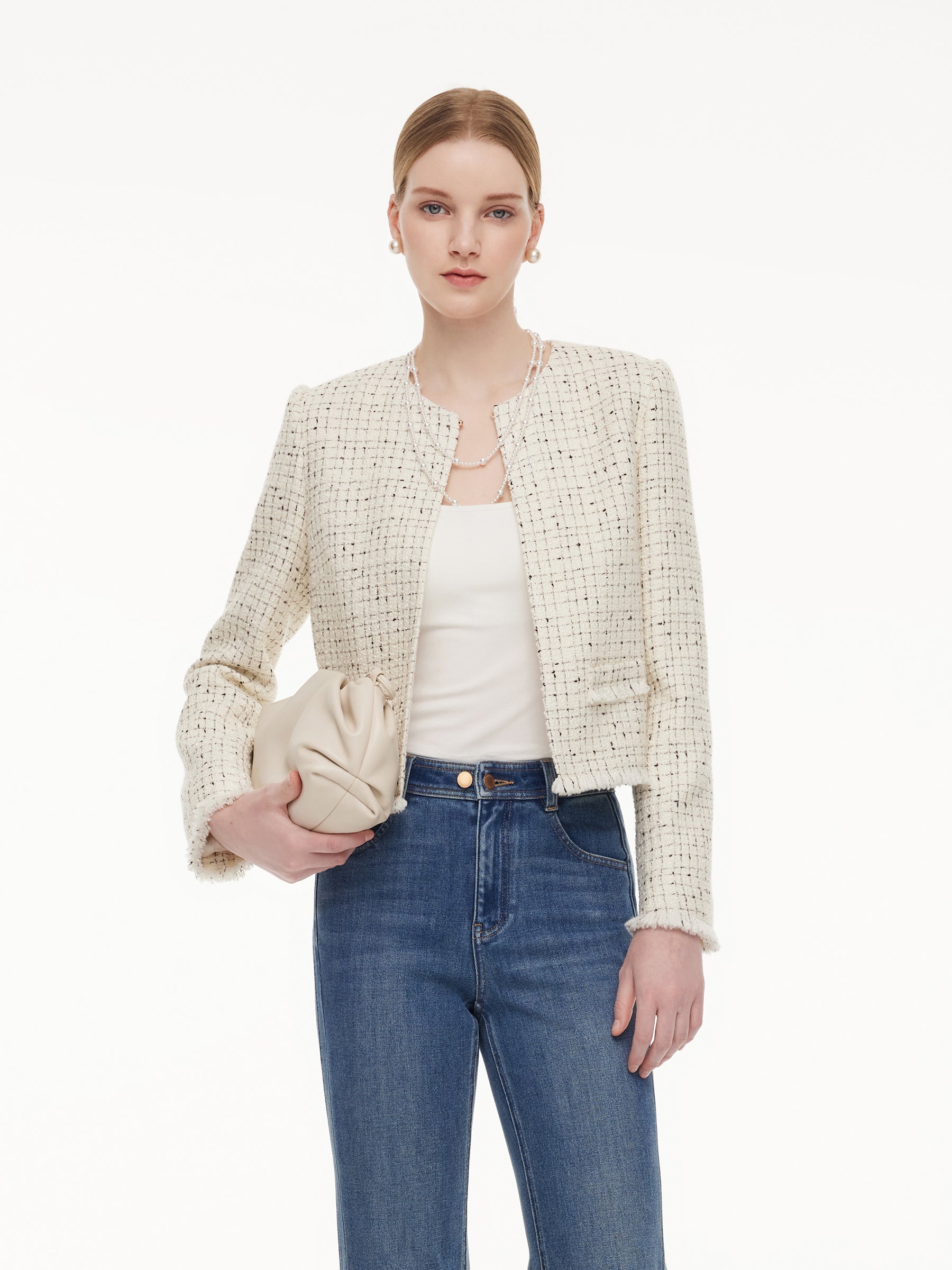 Wool Blend Tweed Frayed Hem Women Jacket GOELIA