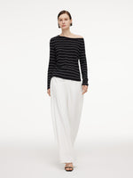 [Preview] Tencel Mulberry Silk Blend One Shoulder Women Stripe Knit Top GOELIA