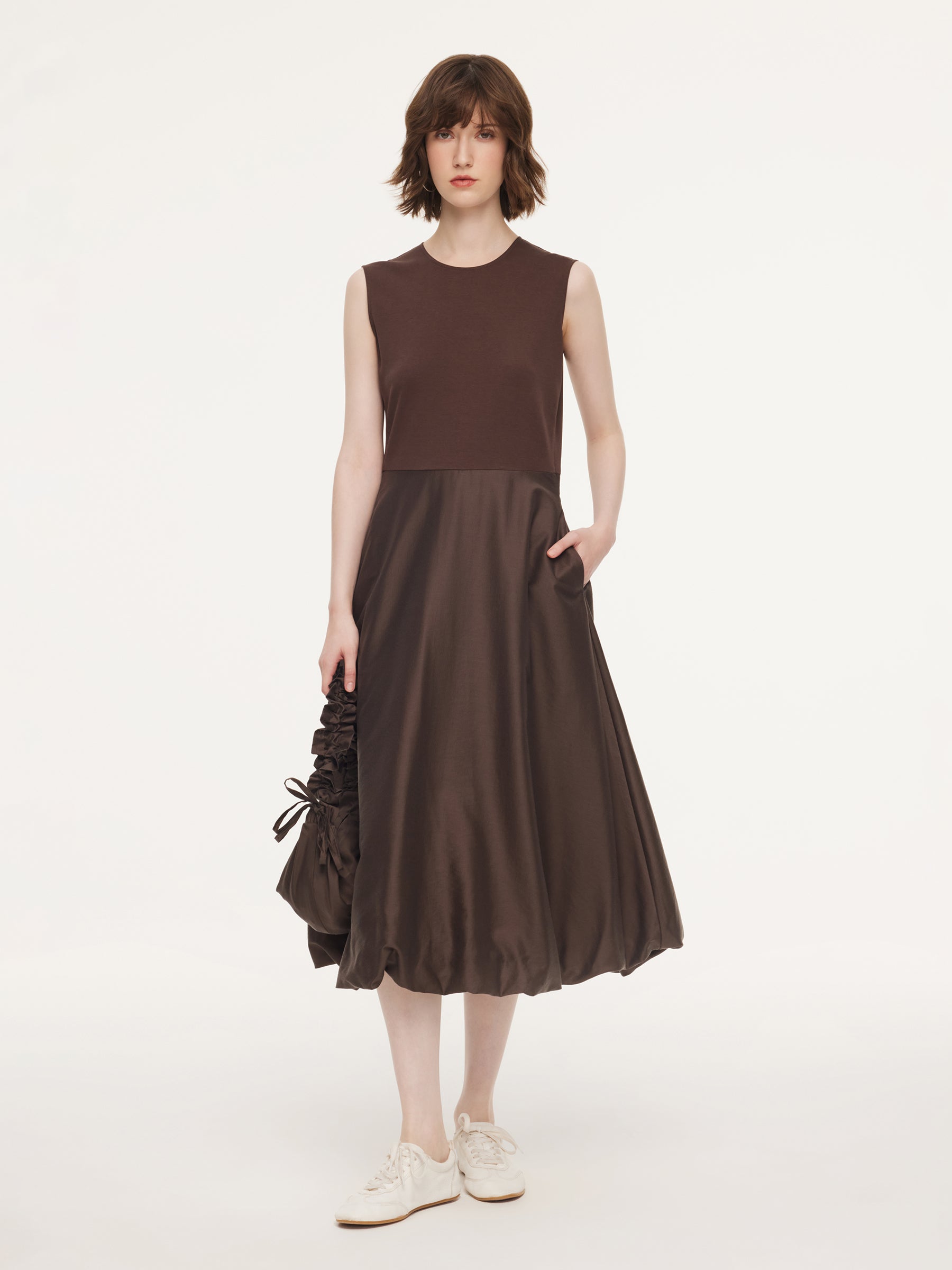 Dark Brown Patchwork Bubble Hem Women Sleeveless Maxi Dress With Bag GOELIA