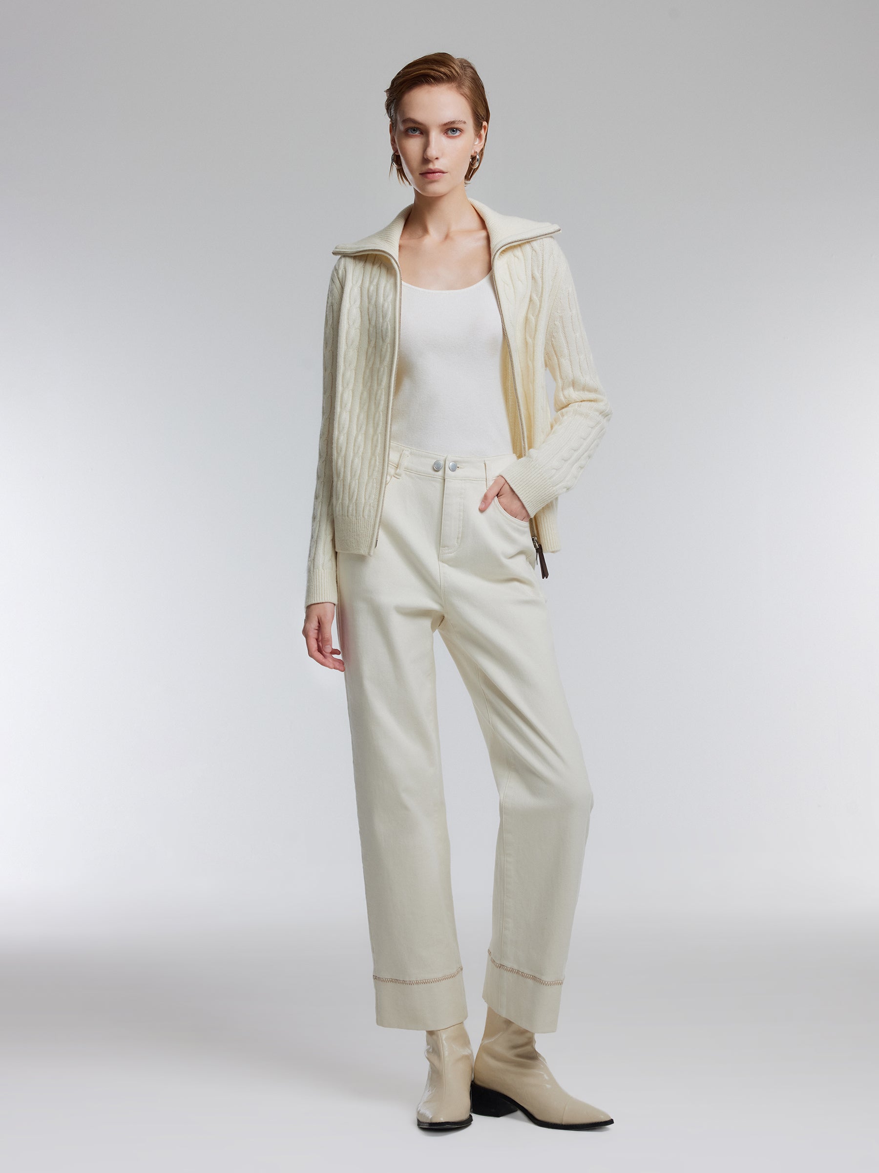 [Preview] Wool Yak Blend Cable Knit Women Two-Way Zip Cardigan GOELIA