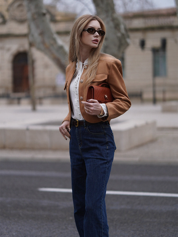 Faux Suede Round Neck Women Jacket GOELIA