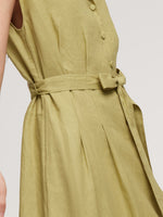 100% Linen Gathered Waist Women Self-Tie Belt Maxi Dress GOELIA