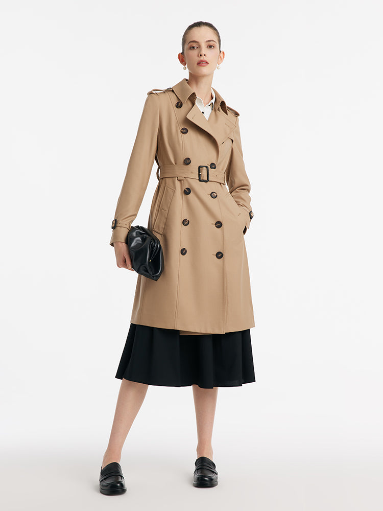 Worsted Wool Gathered Waist Double-Breasted Women Trench Coat GOELIA