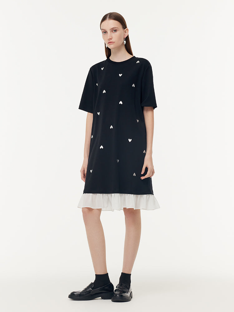 Faux Two-Piece Silver Heart Ruffle Hem Women Knit Mini Dress GOELIA