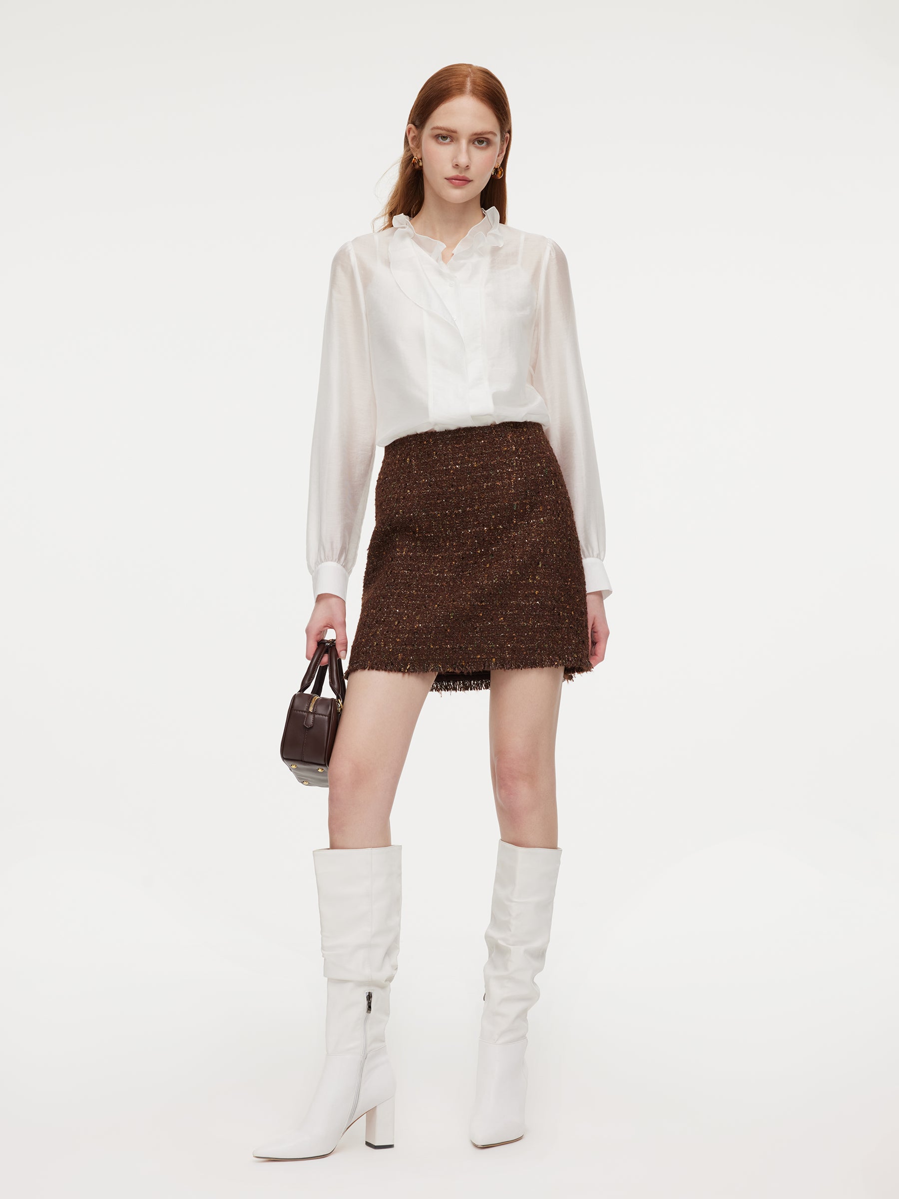 Tencel Blend Ruffle Neck Women Shirt With Knit Camisole GOELIA