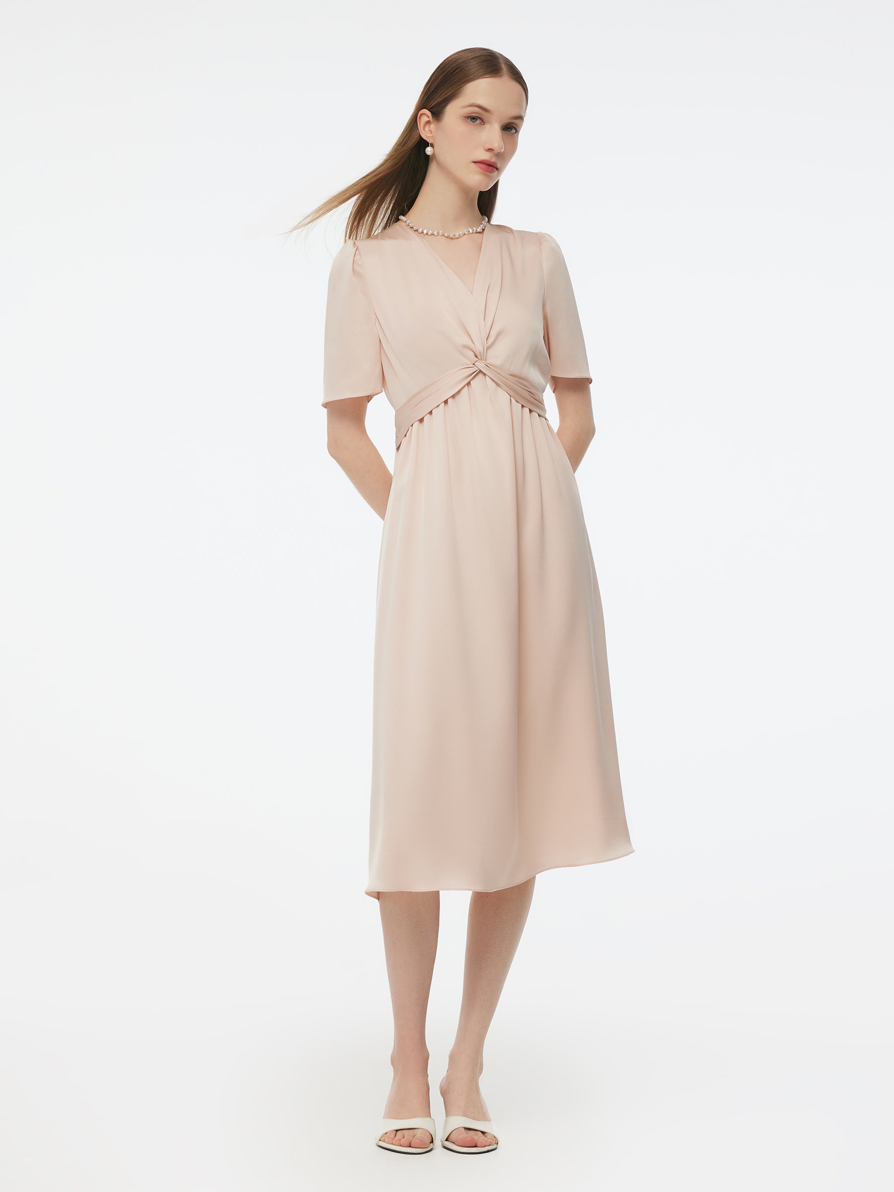 22MM Mulberry Silk Twist Front Women Midi Dress GOELIA