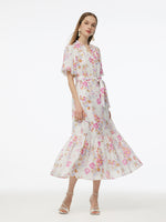 100% Linen Rose Print Women Maxi Dress With Belt GOELIA