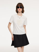 Cotton Blend Round Neck Tape Embroidered Women T-Shirt GOELIA
