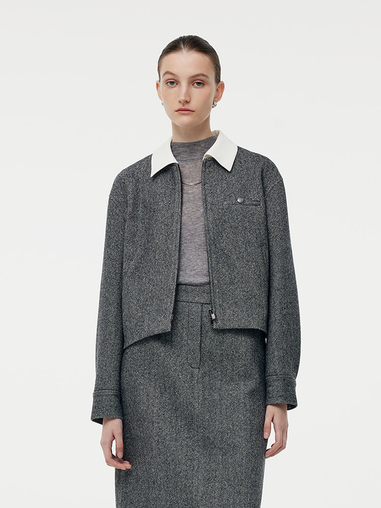 Washable Wool Women Zip-Up Jacket With Detachable Collar GOELIA