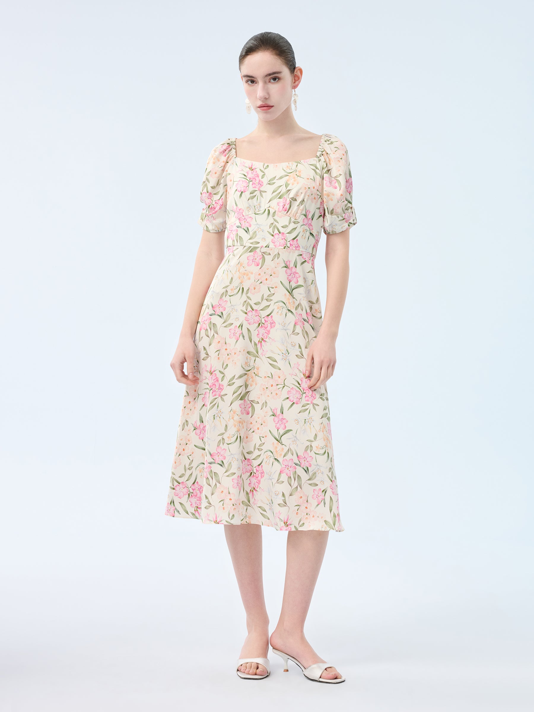 19MM Mulberry Silk Floral Print Women Square Neck Midi Dress GOELIA