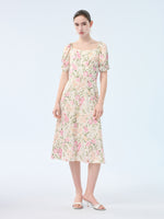19MM Mulberry Silk Floral Print Women Square Neck Midi Dress GOELIA