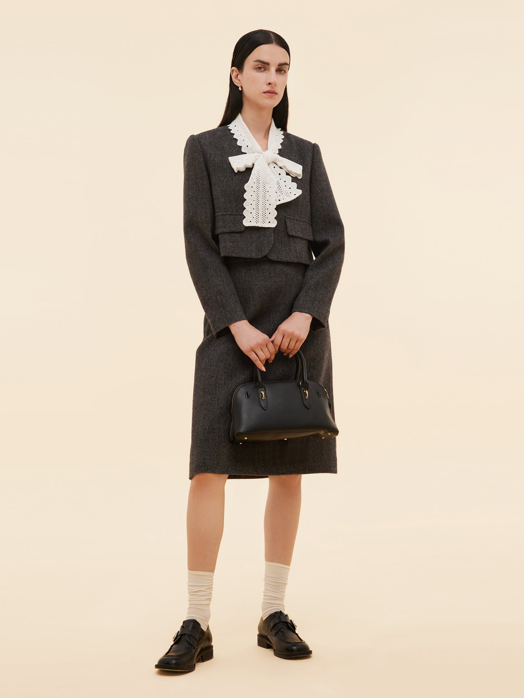 100% Washable Wool Crop Jacket And Skirt Two-Piece Set GOELIA