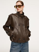 PU Leather Double-Breasted Women Trench Jacket GOELIA