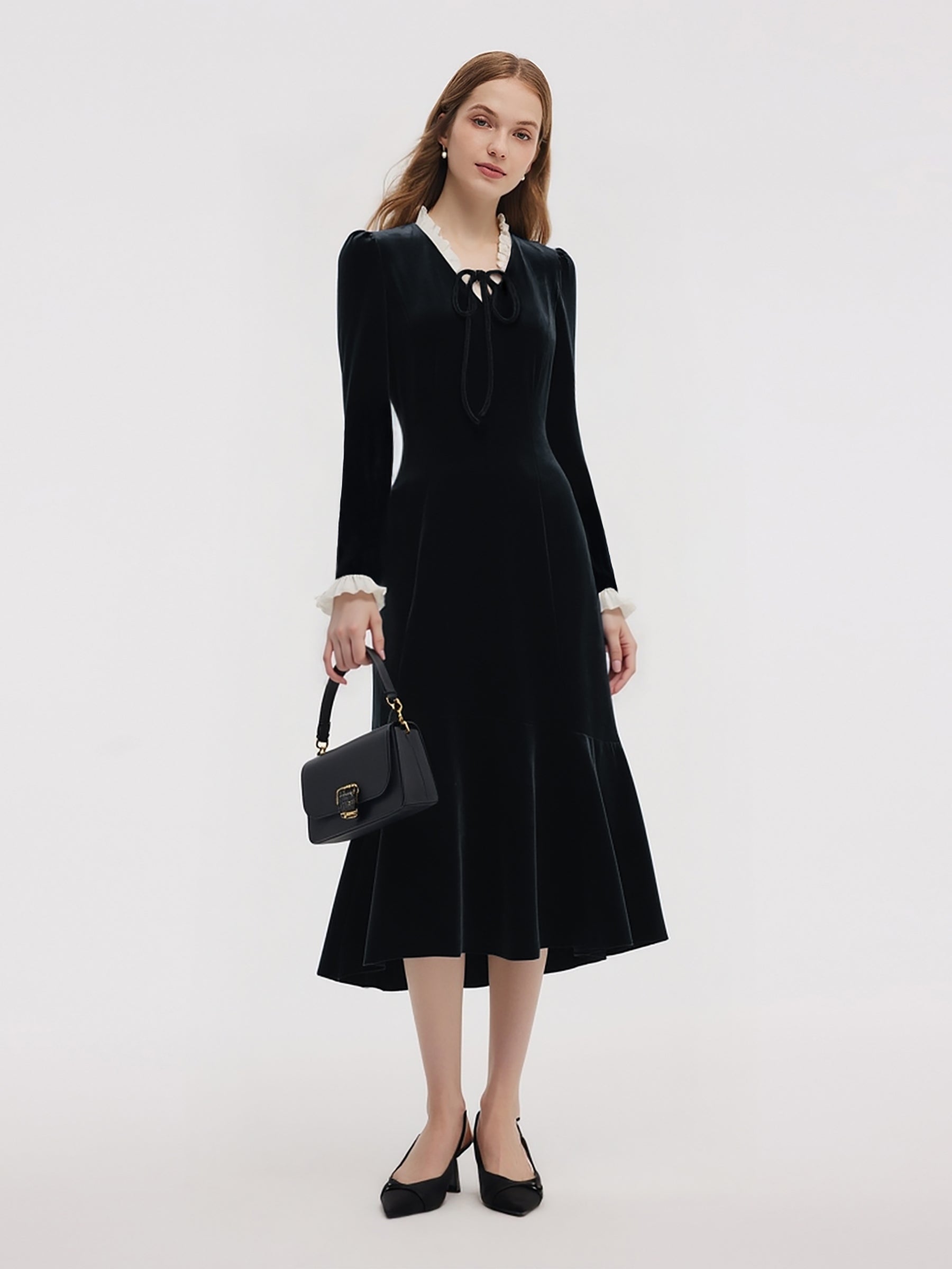 [Preview] Velvet Tie-Front Ruffle V-Neck Women Midi Dress With Scrunchie GOELIA