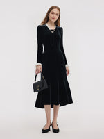 Velvet Tie-Front Ruffle V-Neck Women Midi Dress With Scrunchie GOELIA