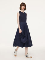 Dark Navy Bubble Hem Women Sleeveless Maxi Dress With Bag GOELIA