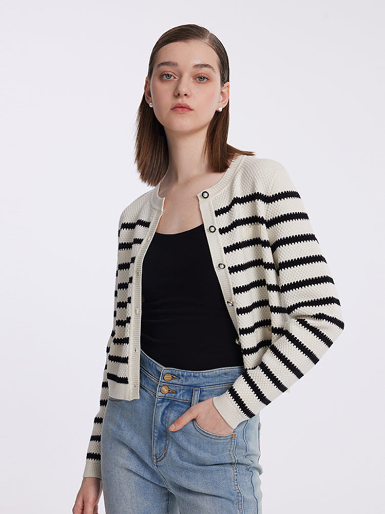 Striped Pearl Button Knitted Women Cardigan GOELIA