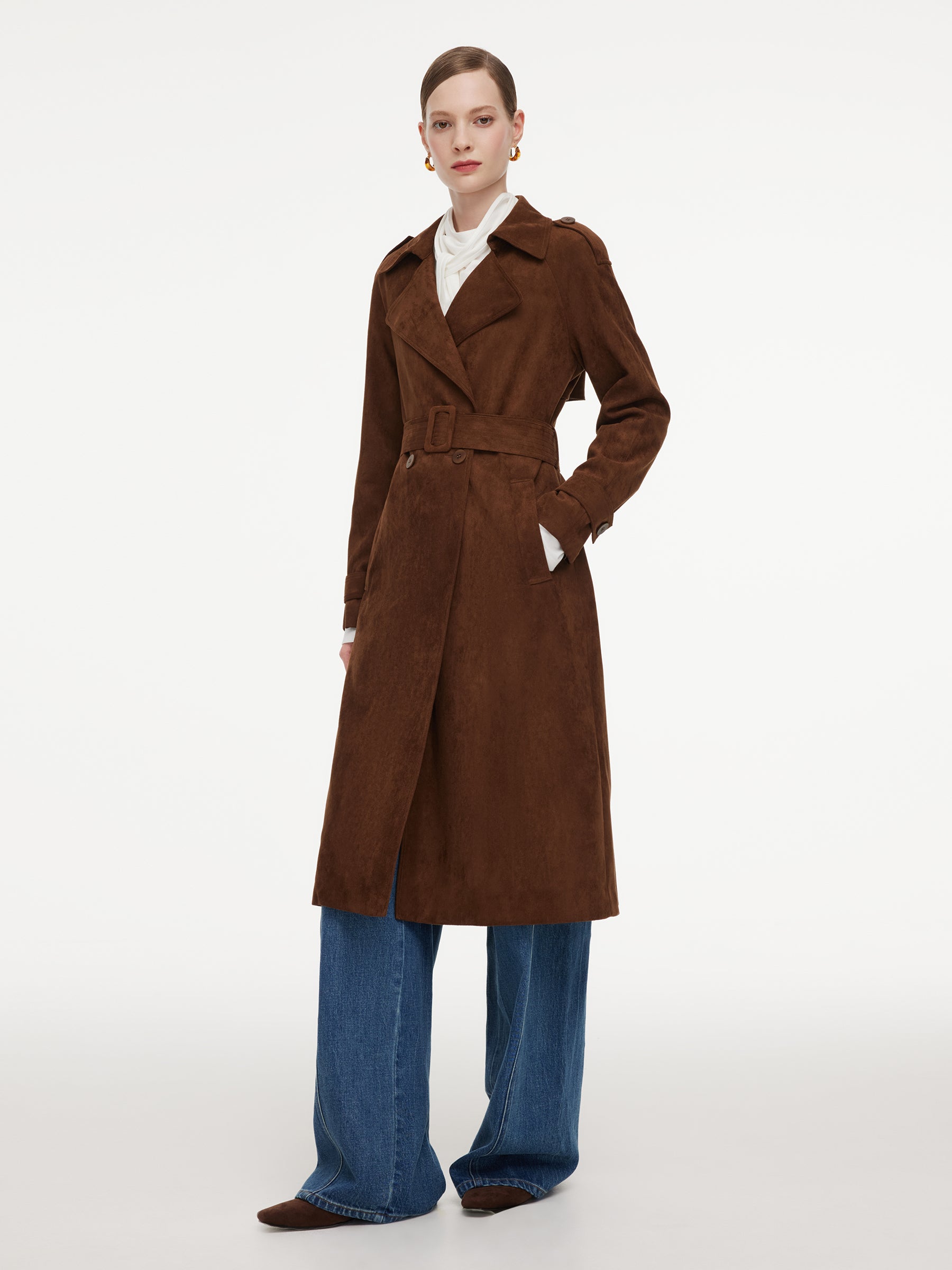 Faux Suede Straight Fit Women Belted Trench Coat GOELIA