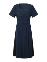 [Preview] Triacetate Blend Square Neck Women Midi Dress With Belt GOELIA