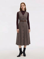 Washable Wool Vest Dress And Mock Neck Knit Top Two-Piece Set With Belt GOELIA