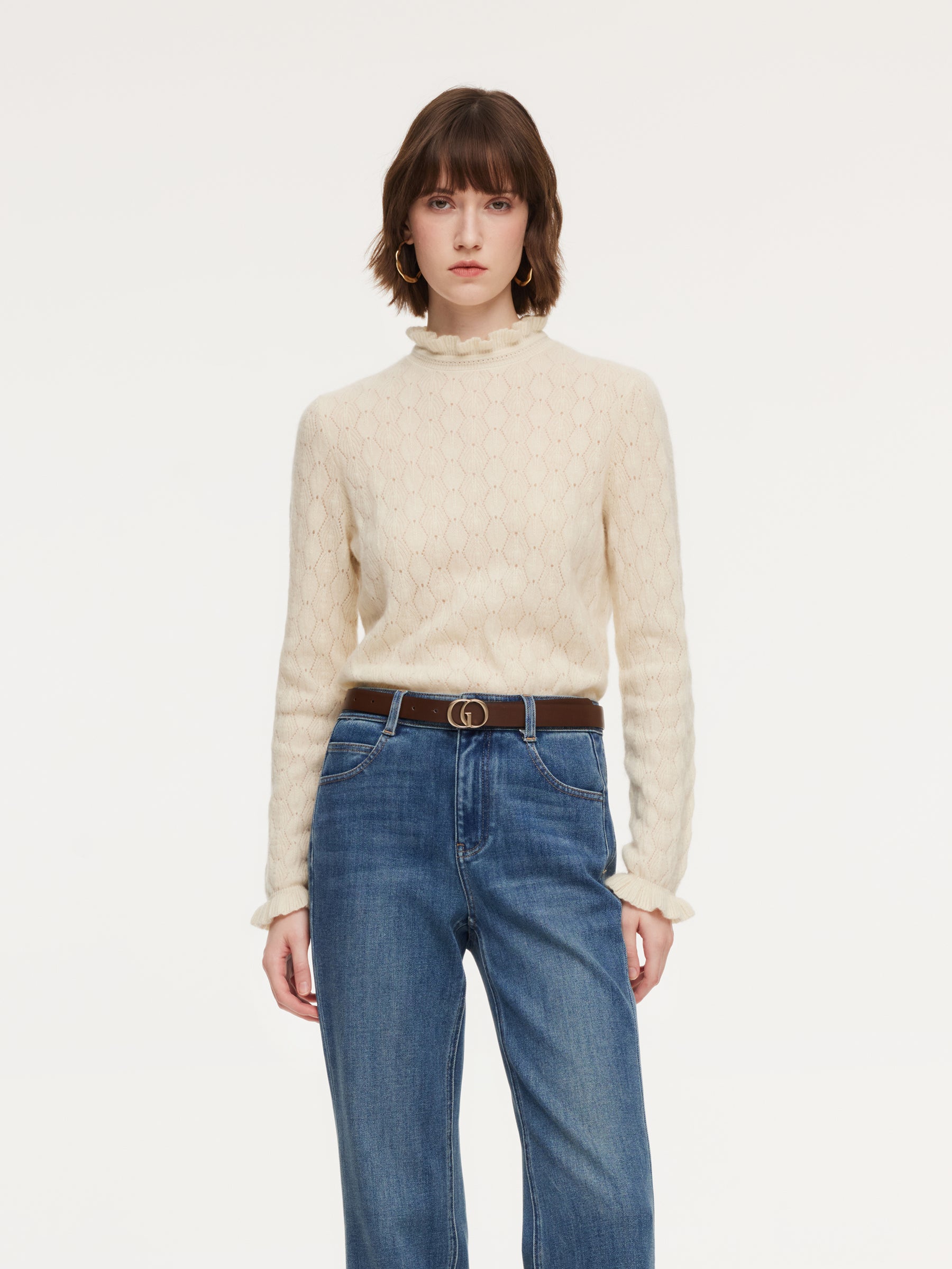 100% Cashmere Ruffle Neck Women Sweater GOELIA