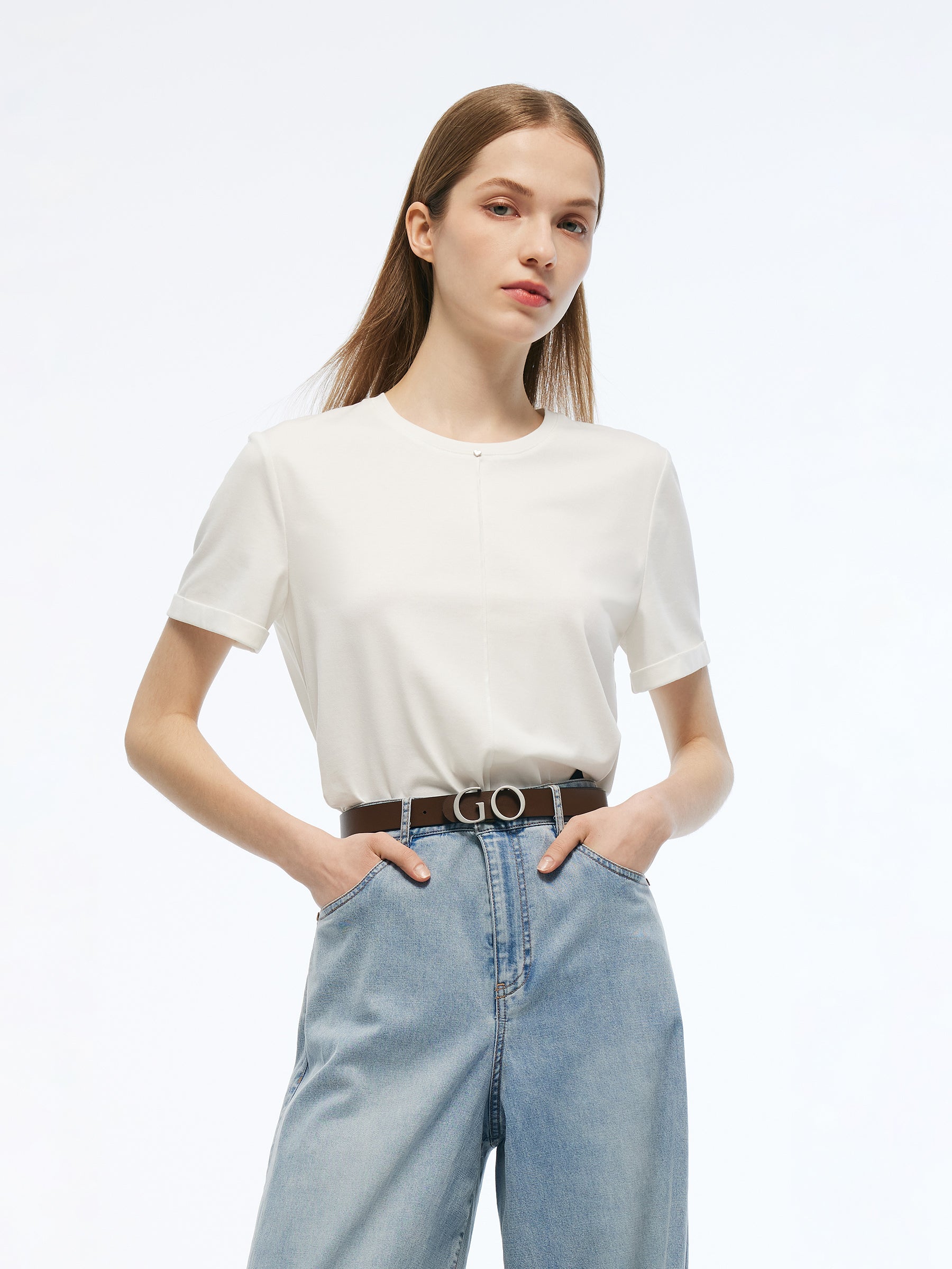 Crew Neck Heart Decorated Convertible Women T-Shirt GOELIA