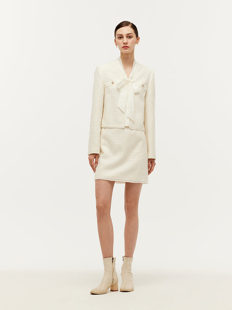 Tweed Bow Tie Neck Jacket And Mini Skirt Two-Piece Set GOELIA