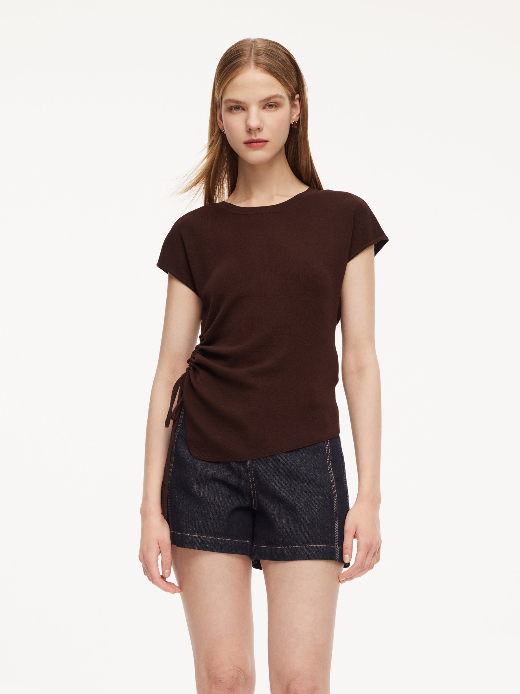 Lyocell Blend Side Drawstring Women Asymmetric Knit Top GOELIA