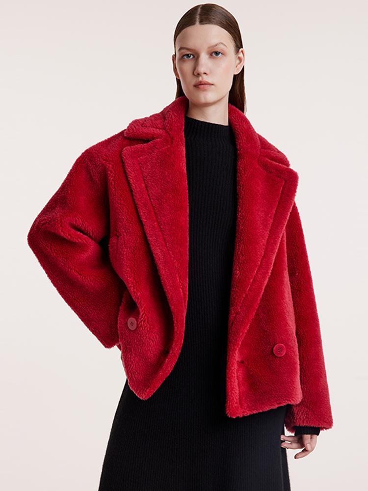 Lapel Double-Breasted Teddy Lamb Wool Short Coat GOELIA