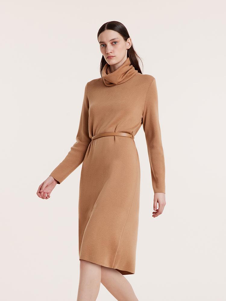 Pure Wool Knitted Dress With Scarf And Leather Belt GOELIA