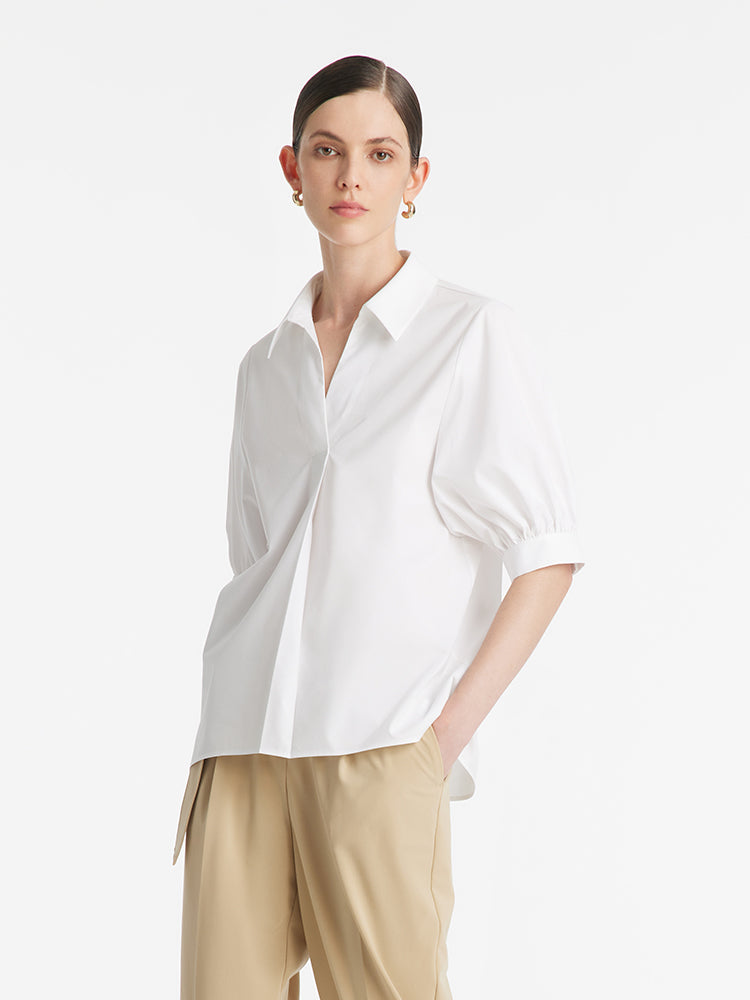 Puff Sleeves V-Neck Women Shirt With Silk Scarf GOELIA