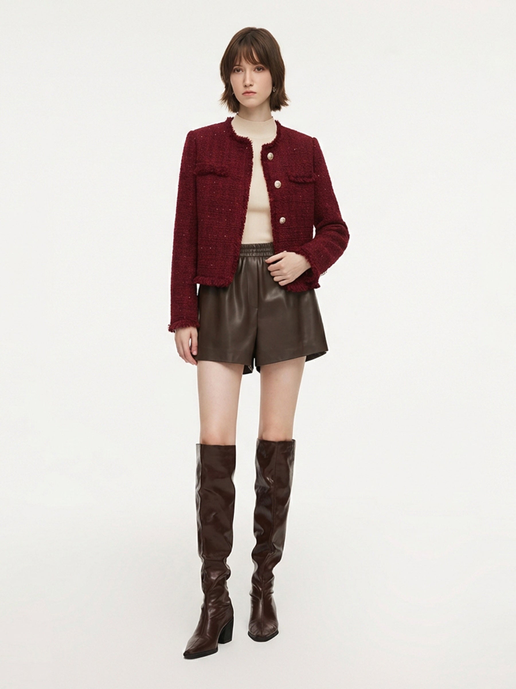 Wool Blend Tweed Sequins Fringe Trim Women Jacket GOELIA