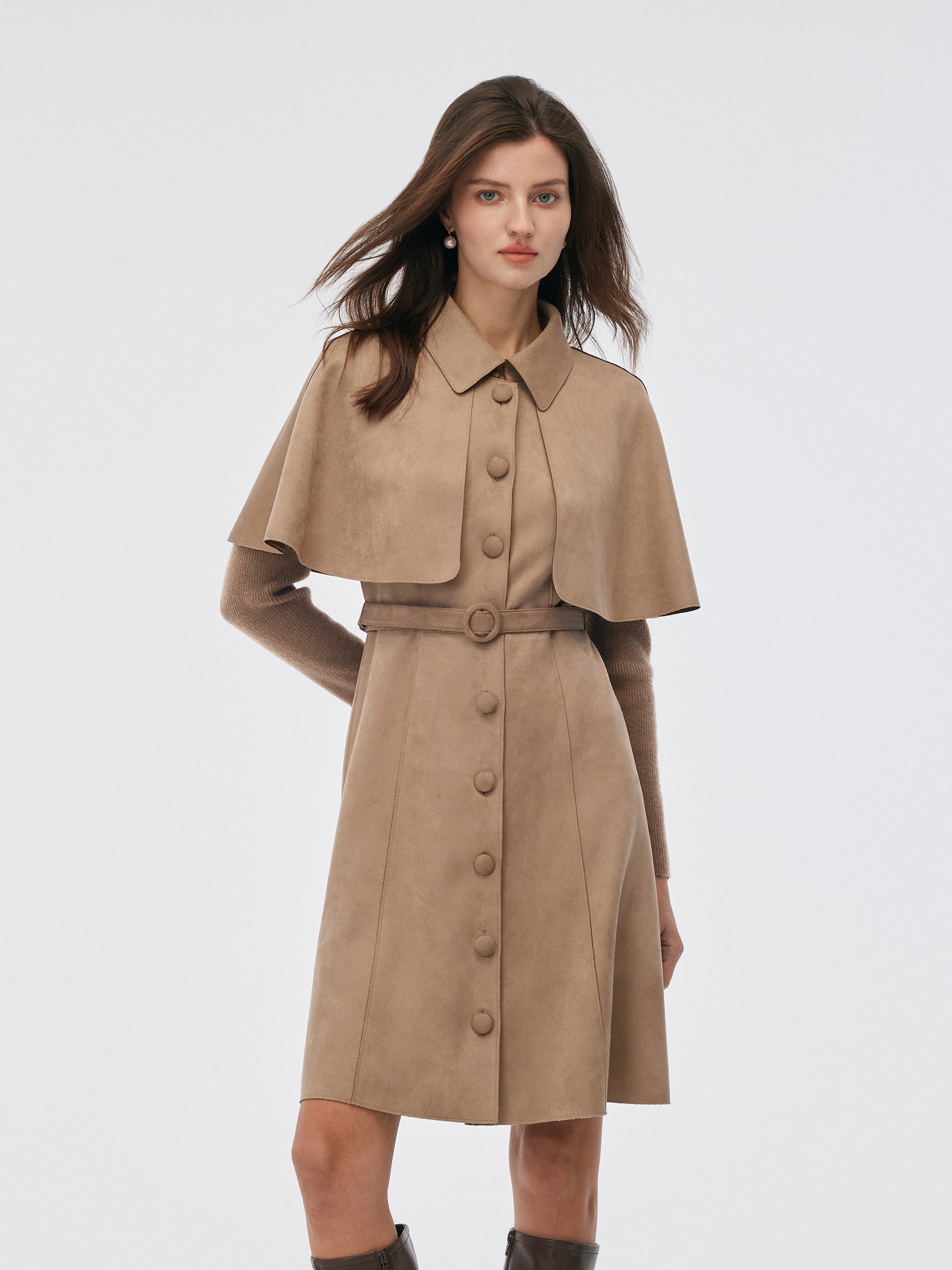 Faux Suede Patchwork Mini Dress With Detachable Short Cape And Belt GOELIA