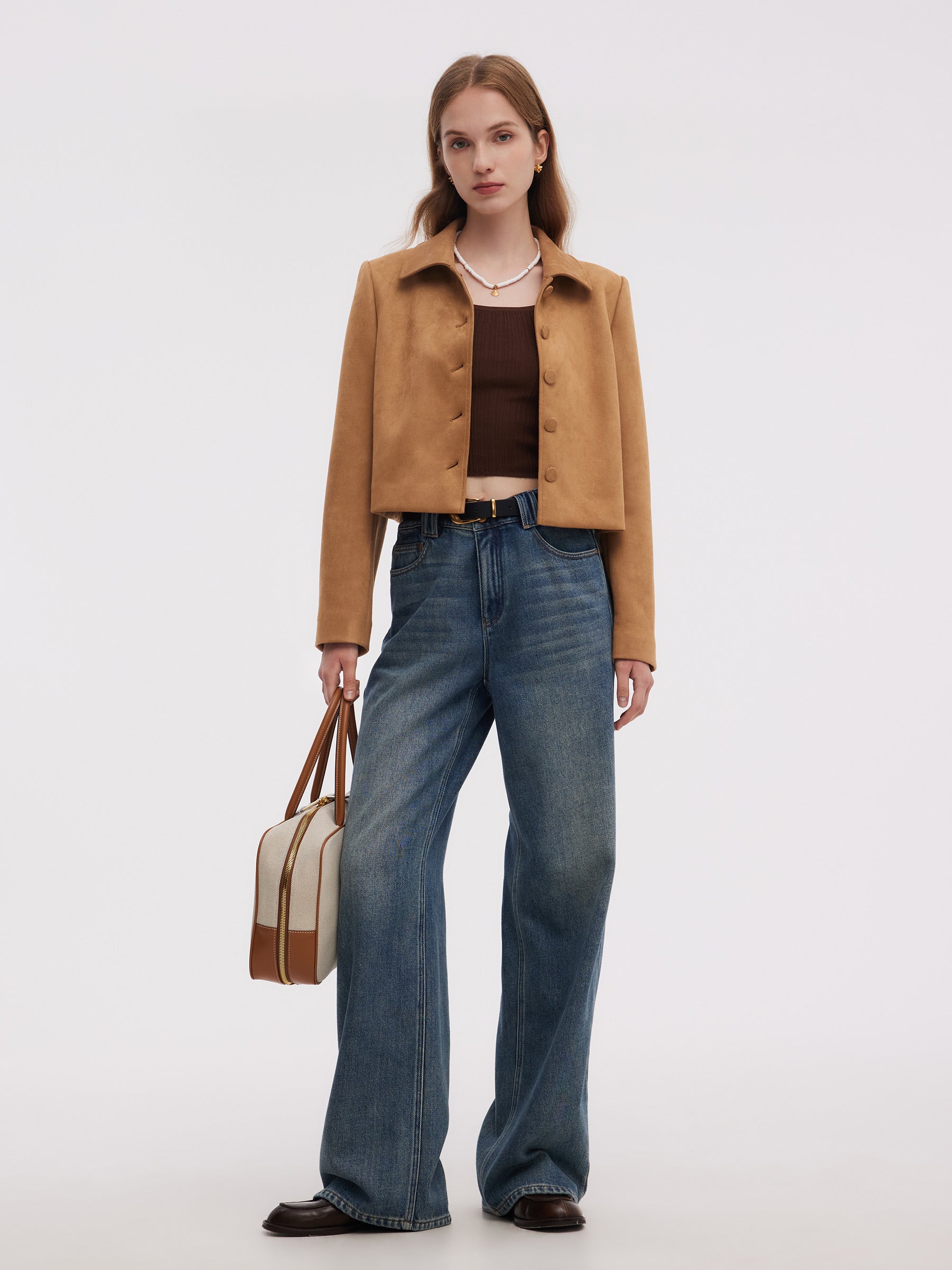 Faux Suede Women Single Breasted Crop Jacket GOELIA