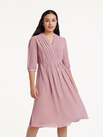 V-Neck Pleated Lace Up Wrap Midi Dress GOELIA