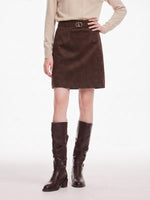 Faux Suede A-Line Women Belted Skirt GOELIA