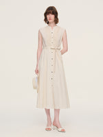 100% Cotton Gather-waisted Women Sleeveless Maxi Dress With Two Belts GOELIA
