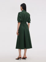 Dark Green Gathered Waist Women Maxi Shirt Dress GOELIA