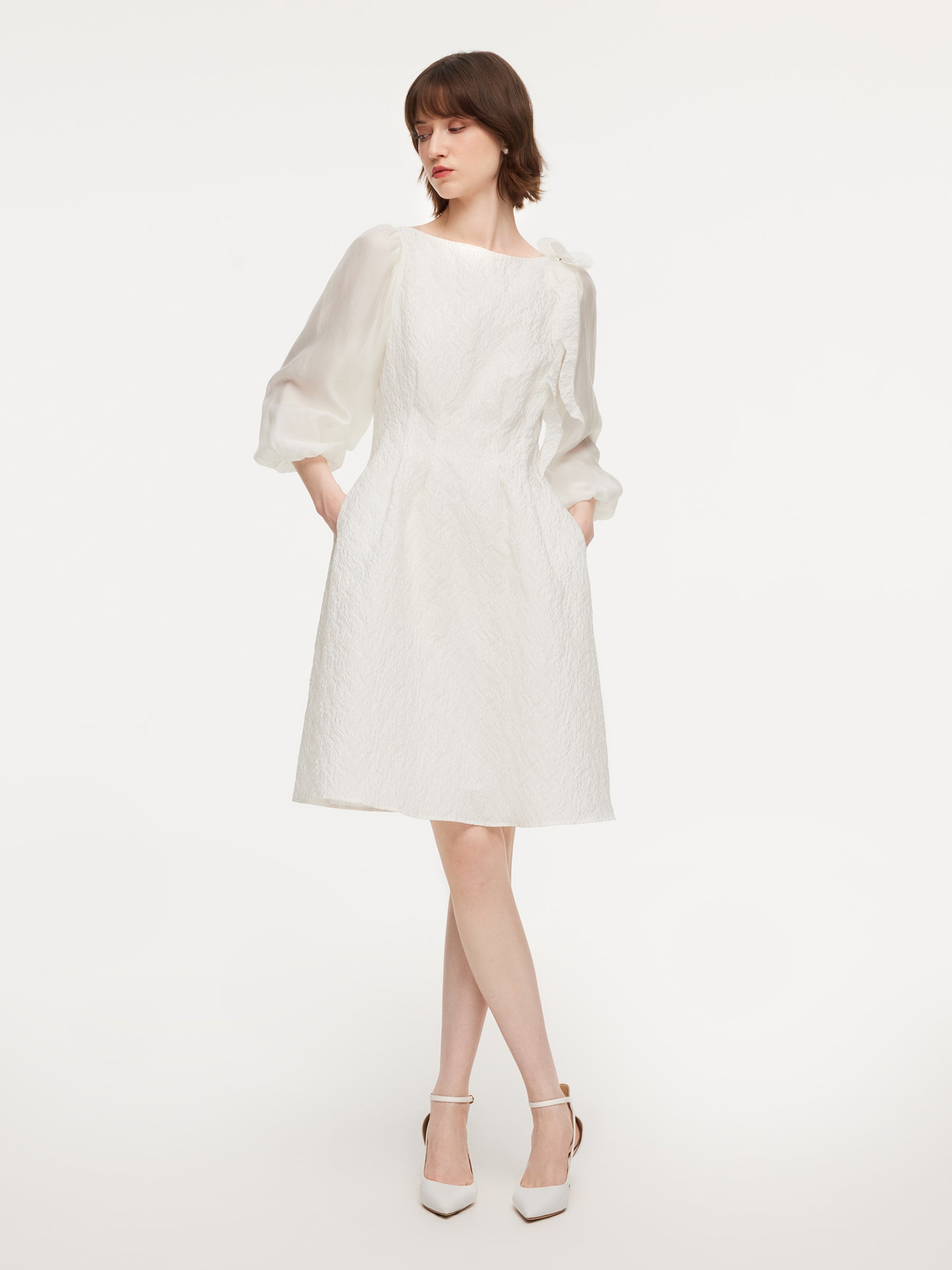 Jacquard Boat Neck Women Midi Dress With Detachable Flower GOELIA