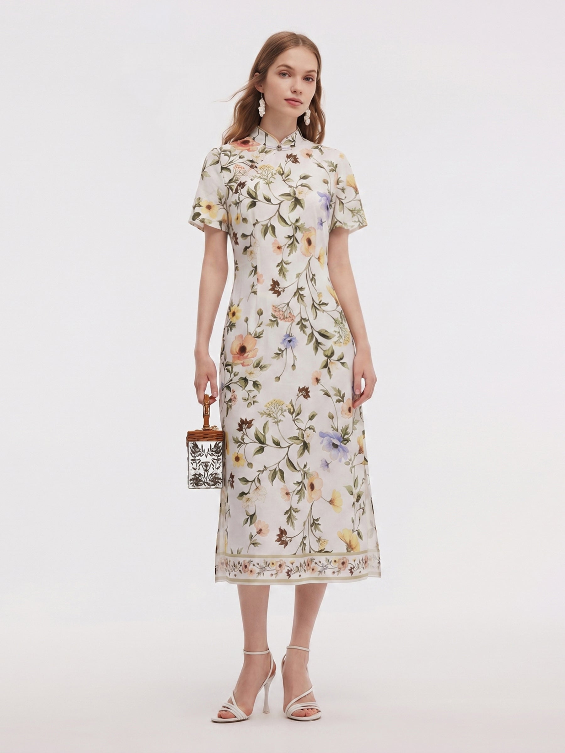 Tencel Linen Blend Floral Print Women Qipao Maxi Dress GOELIA