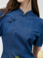 Gradient Denim Women Qipao Midi Dress GOELIA