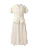 Tweed Sequins Short Sleeve Jacket And Mesh Skirt Two-Piece Set GOELIA